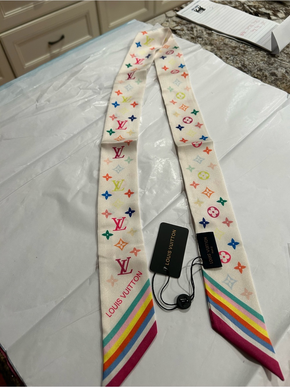Louis Vuitton Cream Bandeau Scarf with Multicolor Monogram and Rainbow Stripes